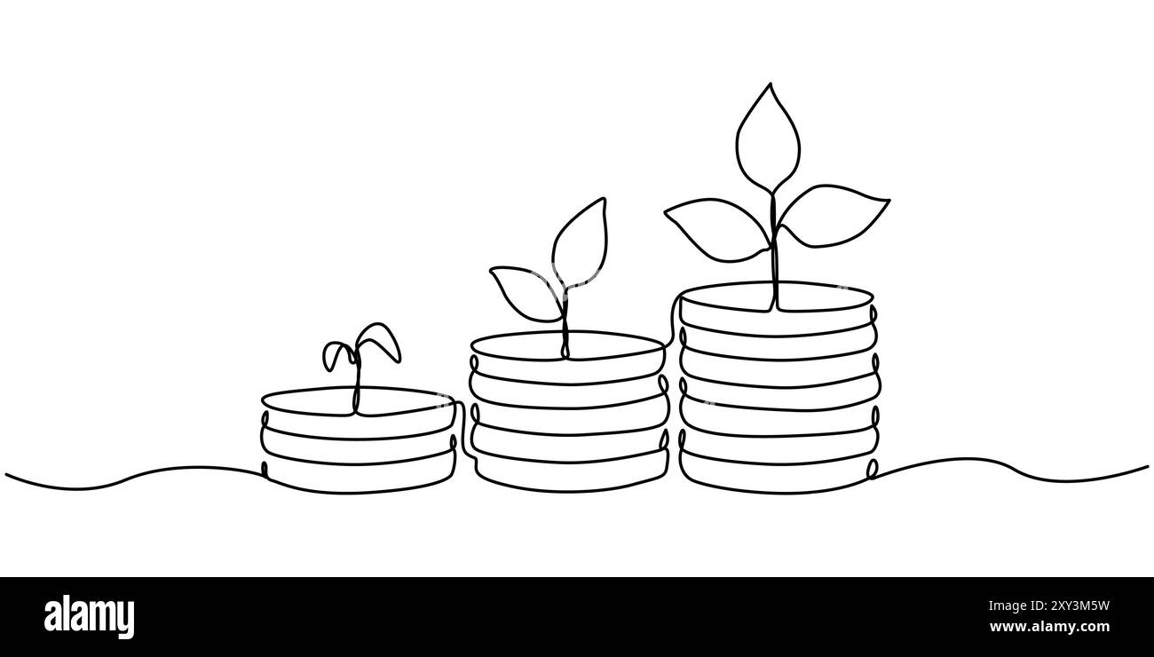 Pile de pièces avec feuilles ramifiées continues d'une ligne. Concept d'investissement d'entreprise. Illustration vectorielle isolée sur blanc Illustration de Vecteur