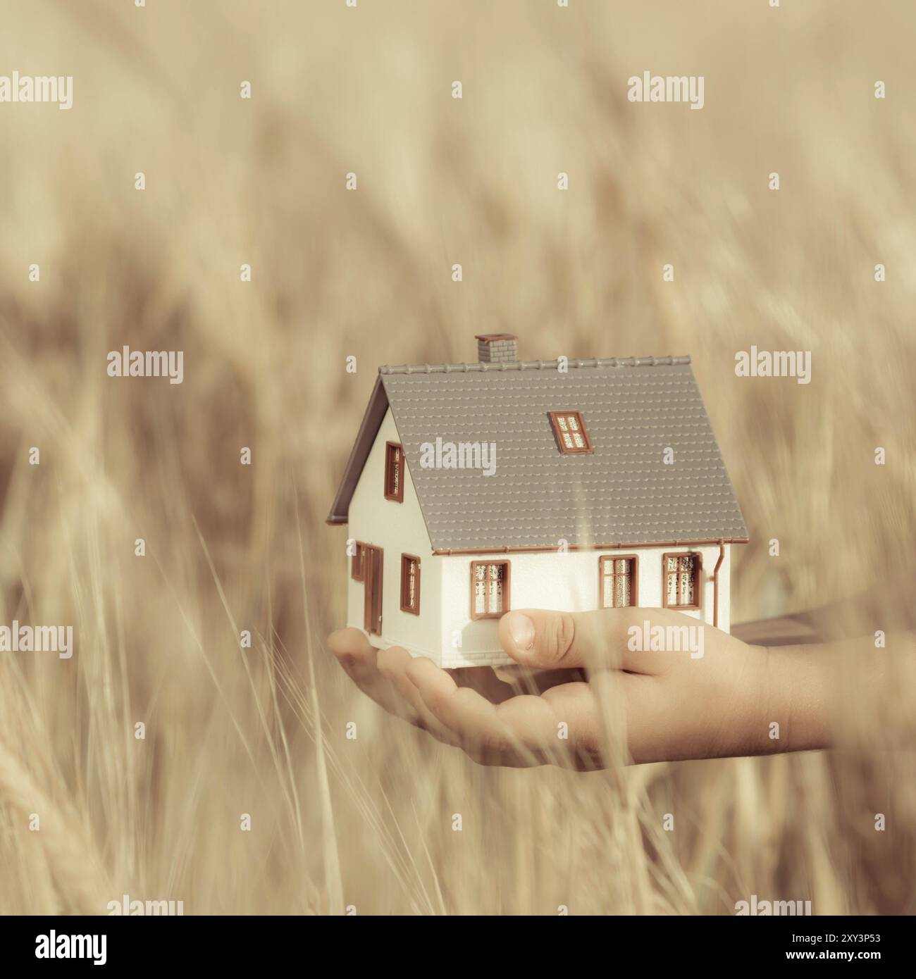 Maison dans les mains des enfants sur fond jaune d'automne. Concept immobilier Banque D'Images