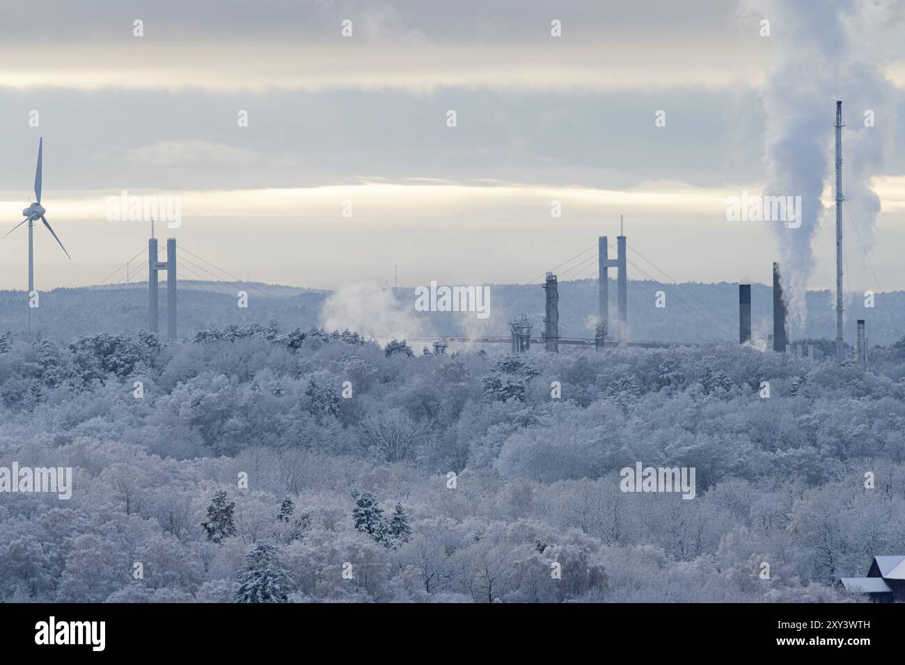 Pont suspendu et industrie derrière une forêt d'hiver glacée Banque D'Images