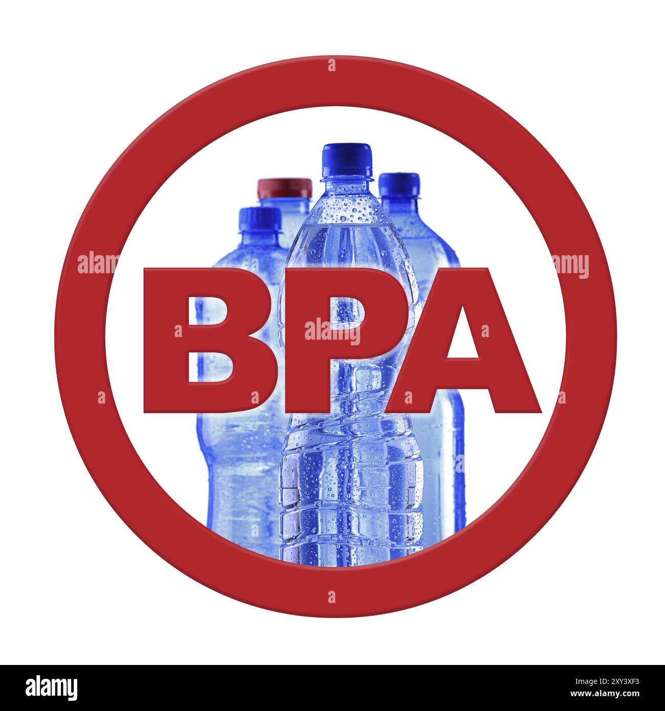 Bouteille en plastique polycarbonate d'eau minérale et panneau anti bisphénol A (BPS) Banque D'Images