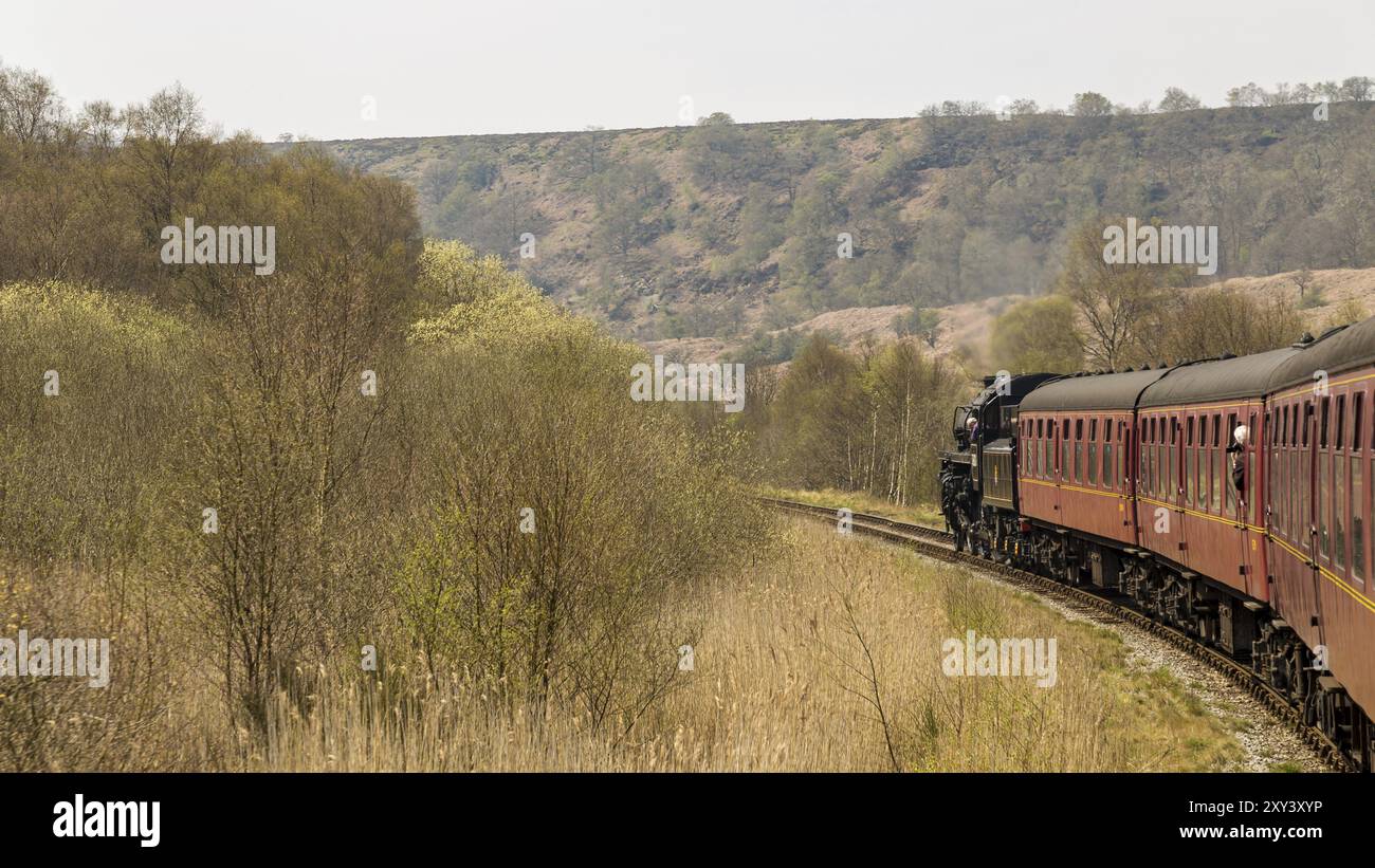 Près de Goathland, North Yorkshire, Angleterre, Royaume-Uni, mai 07, 2016 : un train sur le North Yorkshire Moors Railway sur la route entre Whitby et Pickering Banque D'Images