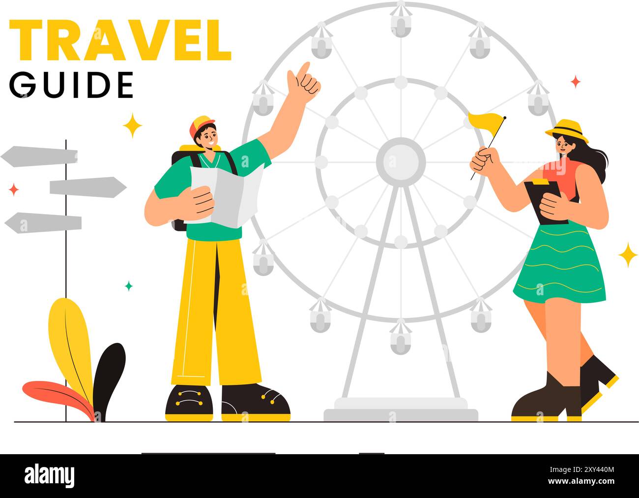 Guide de voyage et illustration vectorielle montrant des endroits intéressants à un groupe de touristes pour la planification de vacances dans un fond de dessin animé de style plat Illustration de Vecteur