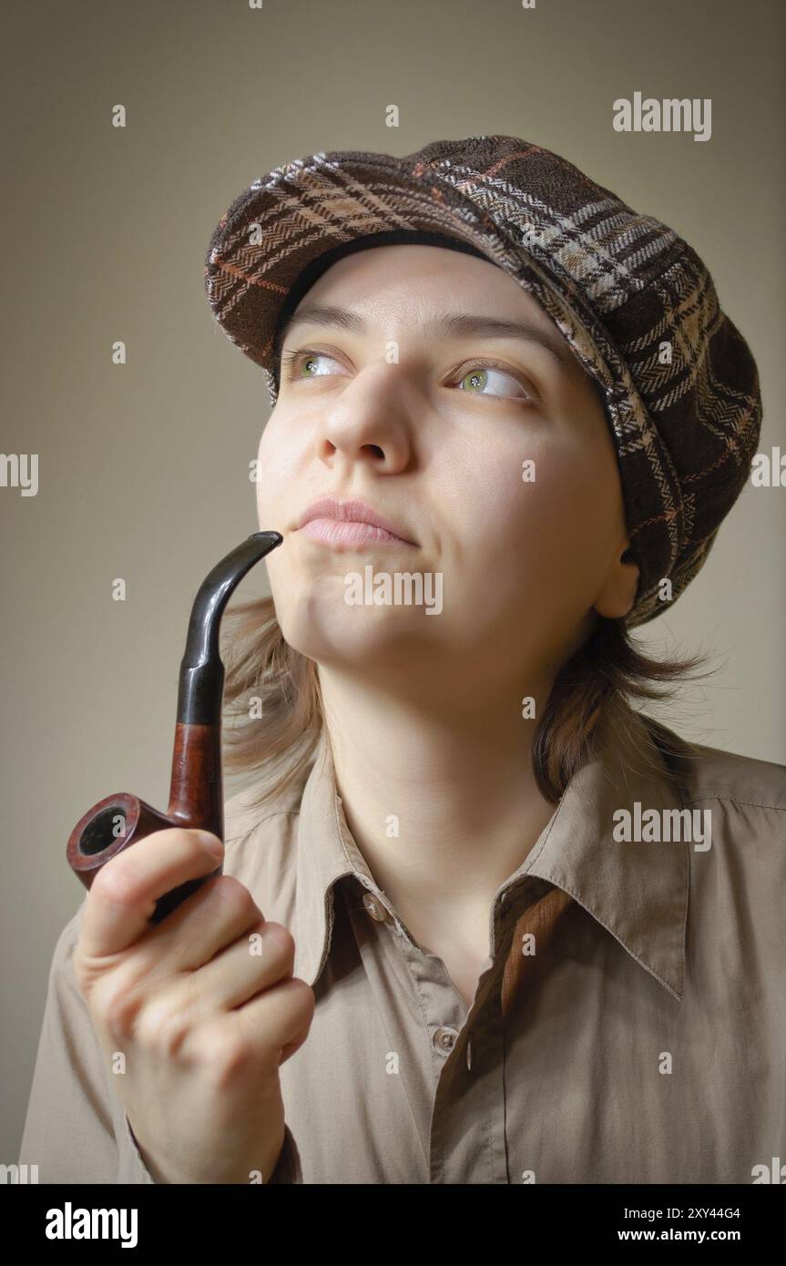 Jeune femme toxicomane de la nicotine fumant une pipe Banque D'Images