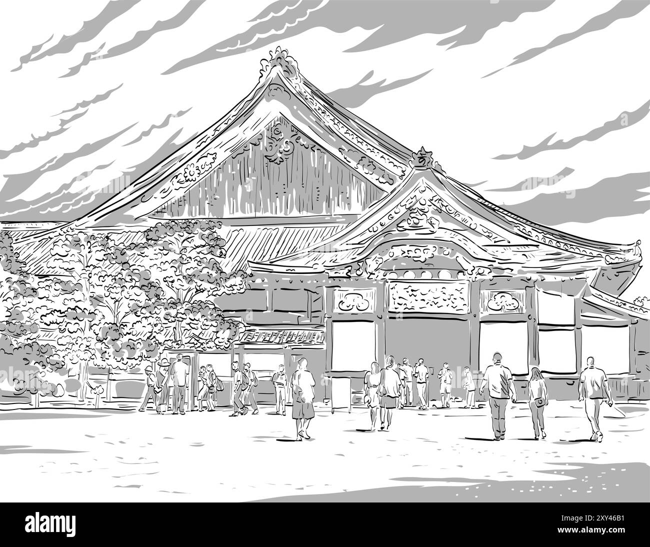 Dessin illustration de style croquis du château Motorikyu ou Moto-Rikyu Nijo à Kyoto, Japon sur fond isolé fait en ligne noire et blanche Illustration de Vecteur