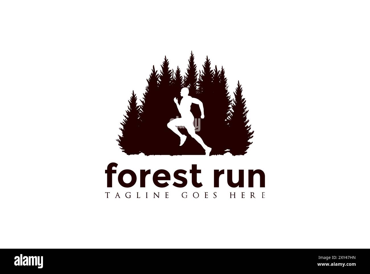 Pine Cedar Evergreen Conifer Larch Cypress Trees Forest avec Marathon Running homme masculin pour Sport logo Design Illustration de Vecteur