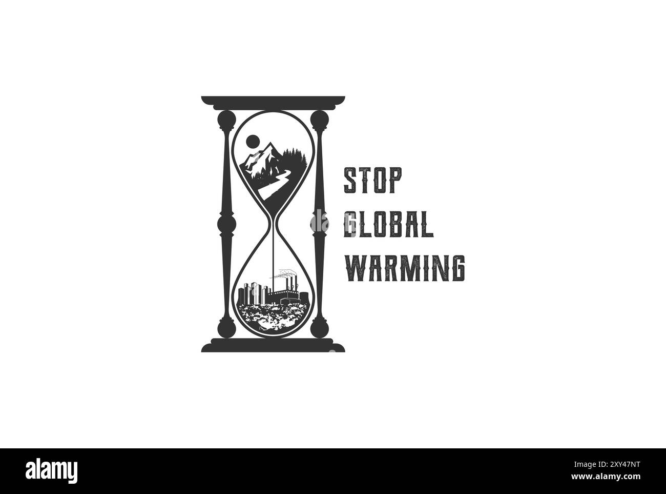 Sablier rétro vintage avec paysage forestier de montagne et ville de l'industrie des ordures pour arrêter le réchauffement planétaire T-shirt Design Vector Illustration de Vecteur