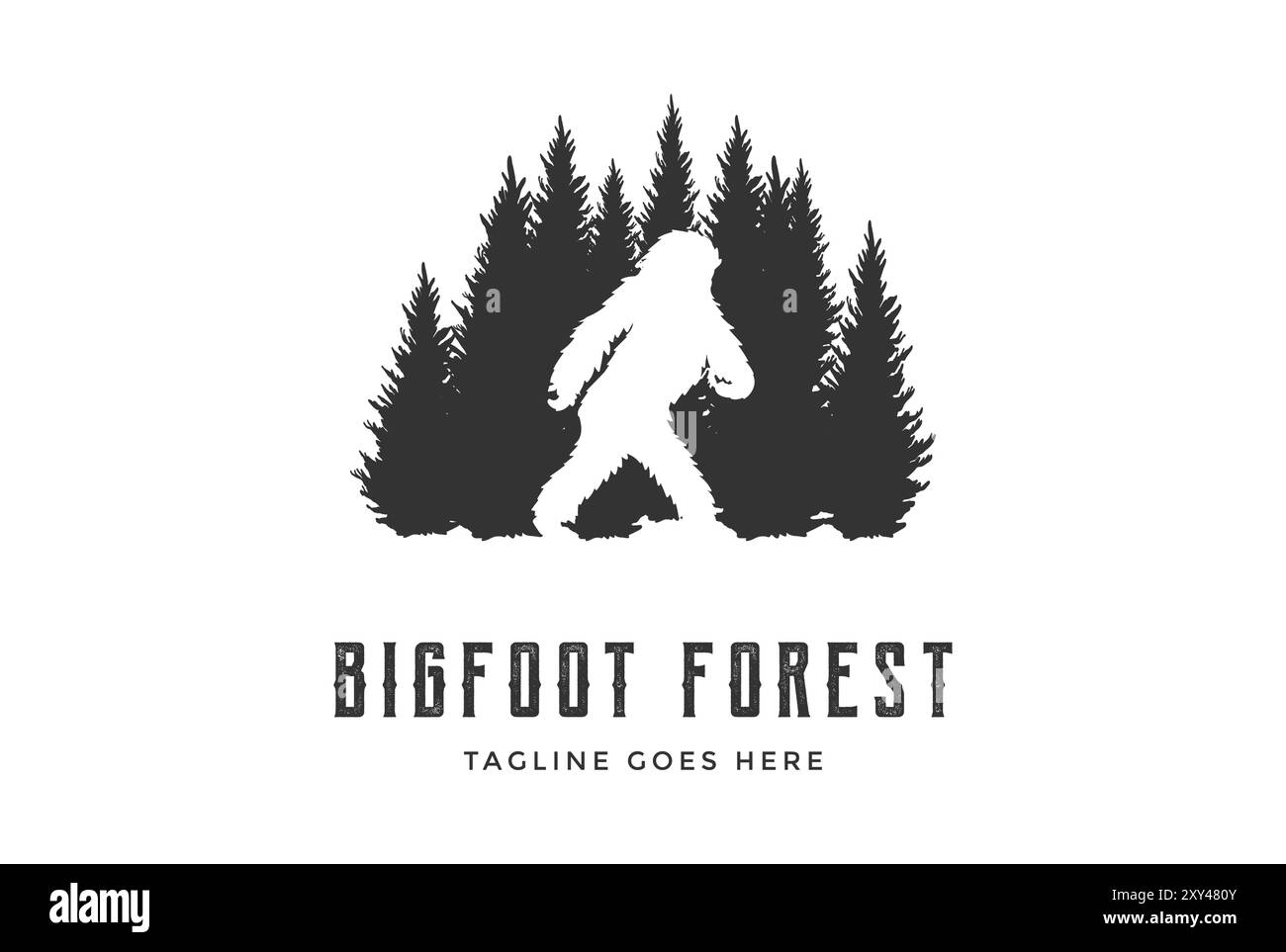 PIN Evergreen Conifer Cedar Larch Cypress Fir Trees Forest avec Bigfoot Monster Silhouette logo Design Illustration de Vecteur