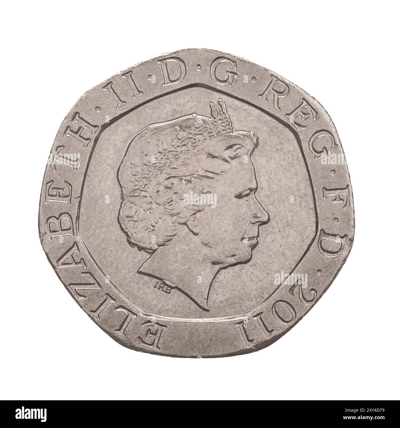 British Twenty Pence coin avers montrant la reine Elizabeth la seconde, isolée sur fond blanc Banque D'Images