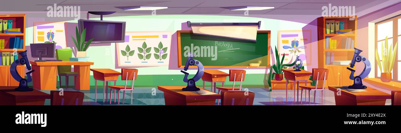 Intérieur de salle de classe d'école pour l'apprentissage de la biologie avec des tables de professeur et d'étudiant, tableau noir vert et affiches sur le mur, les plantes et le microscope d'équipement de laboratoire. Dessin animé vecteur salle de classe vide. Illustration de Vecteur