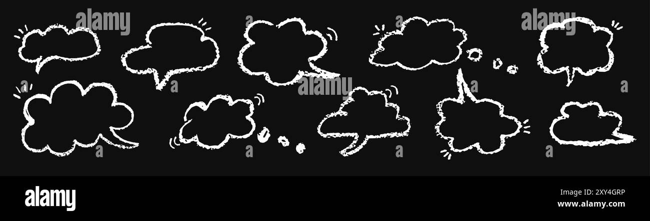 Ensemble de bulles de parole en forme de ciel nuageux. Modèles de bandes dessinées pour les dialogues. Collection de ballons de parole d'enfants écriture manuscrite avec stylo de cire Illustration de Vecteur