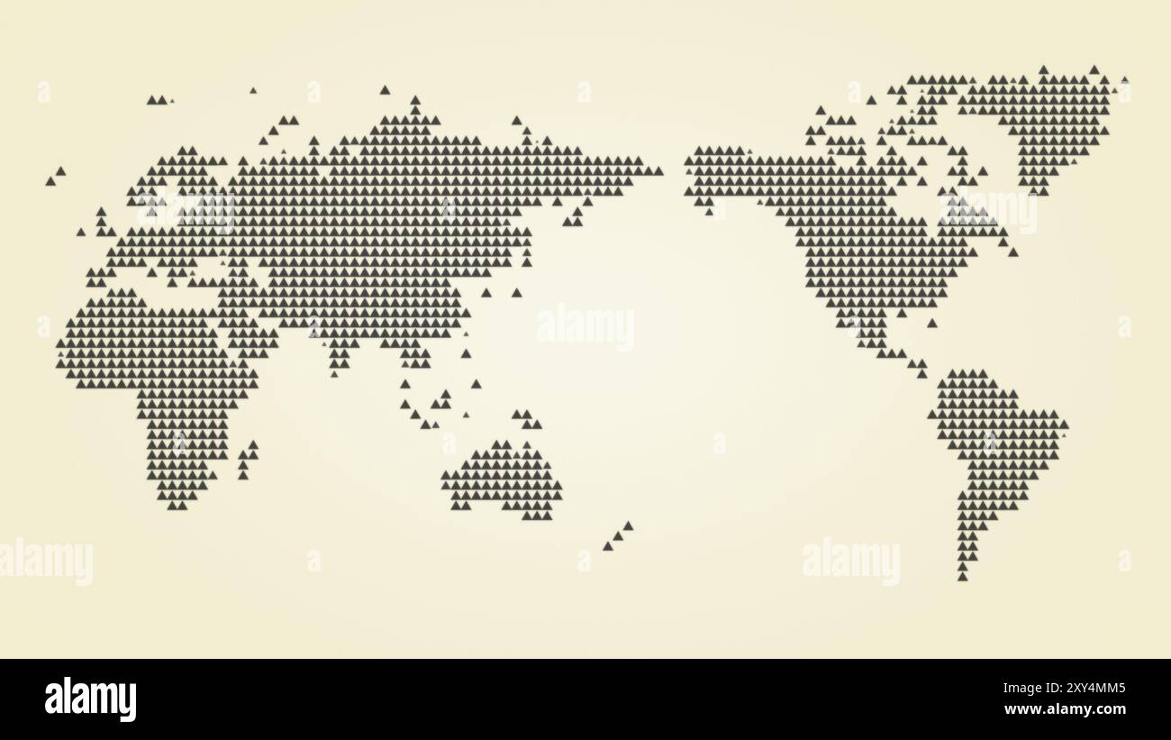 Carte du monde centrée sur l'Asie faite de triangles noirs sur fond jaune clair. Carte du monde demi-teinte triangulaire pixelisée. Banque D'Images