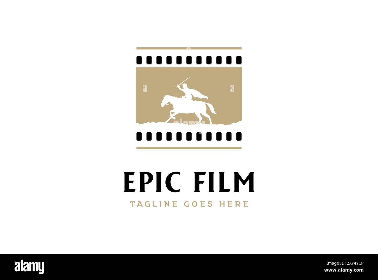 Film Strip Reel Horse Knight Silhouette Medieval Warrior Horseback Bring War Sword pour Epic colossal Movie Cinema production logo Design Vector Illustration de Vecteur