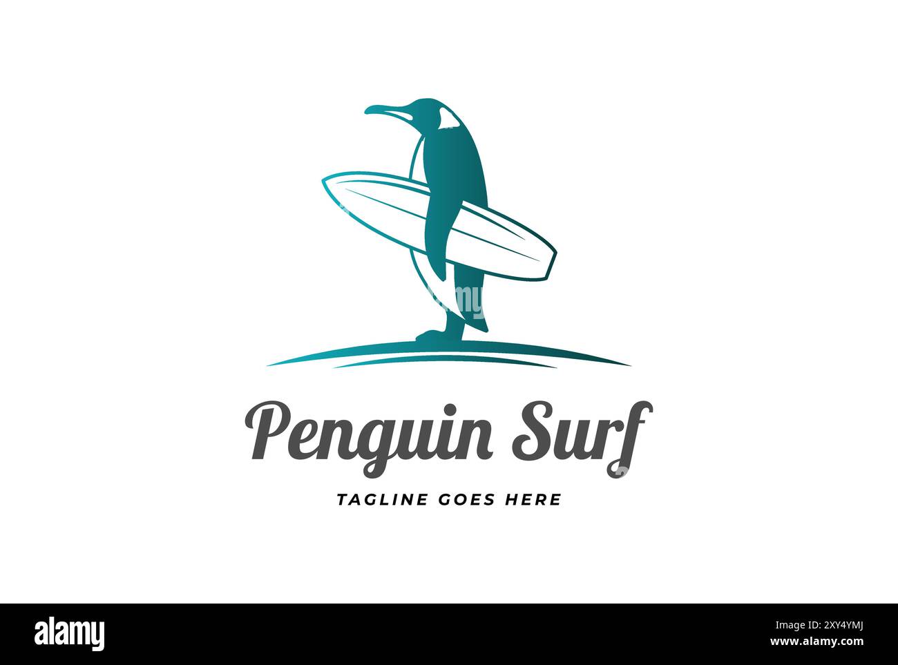 Simple Standing Penguin Mascot Character Cartoon Hold Surf Board pour Beach Surf Sport Club Competition logo Design Vector Illustration de Vecteur