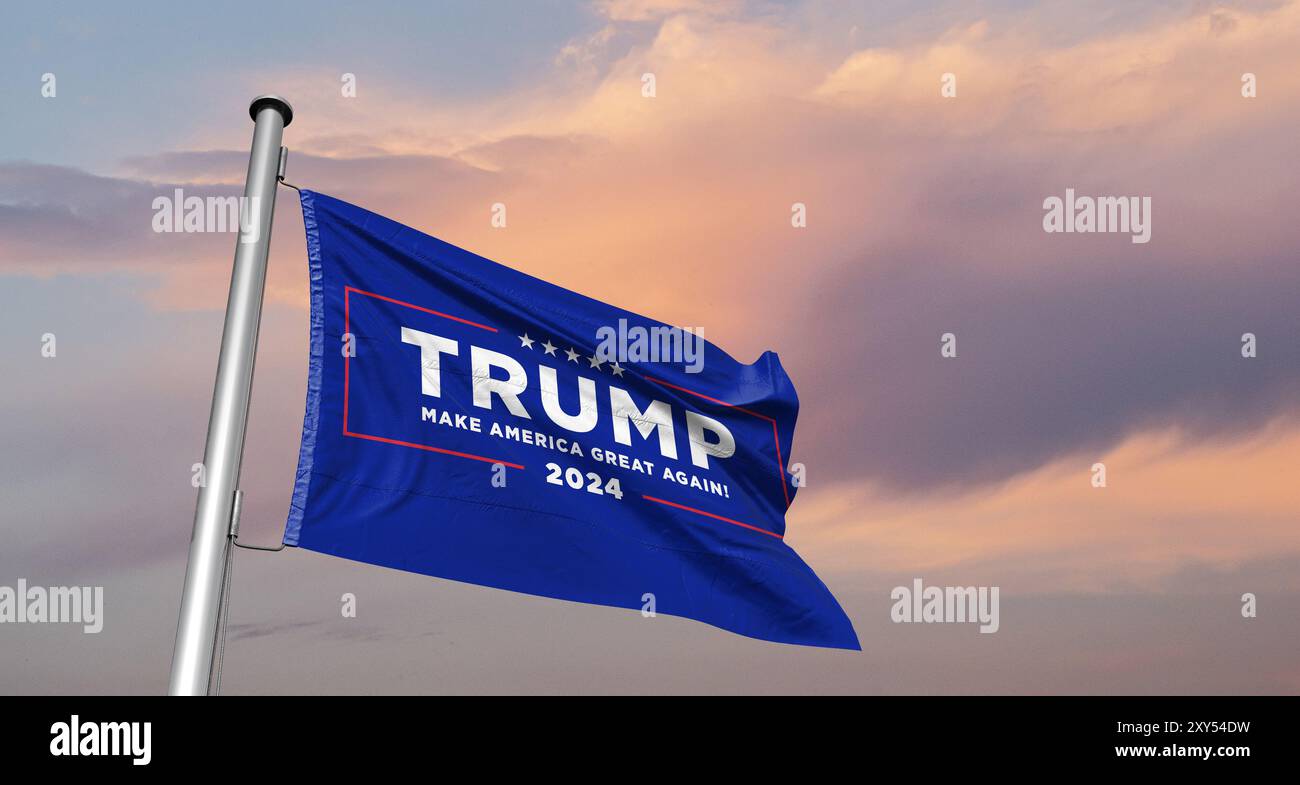 Donald Trump 2024 drapeaux de campagne présidentielle agitant avec des drapeaux américains agitant ensemble. Élection présidentielle américaine de 2024 Banque D'Images