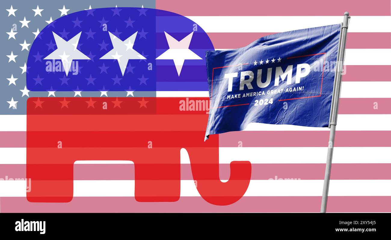 Donald Trump 2024 drapeaux de campagne présidentielle agitant avec des drapeaux américains agitant ensemble. Élection présidentielle américaine de 2024 Banque D'Images