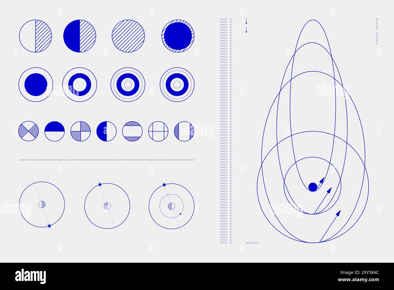 Les formes géométriques, y compris les cercles, les lignes et les arcs, disposées dans un motif de grille. Diagrammes circulaires Illustration de Vecteur