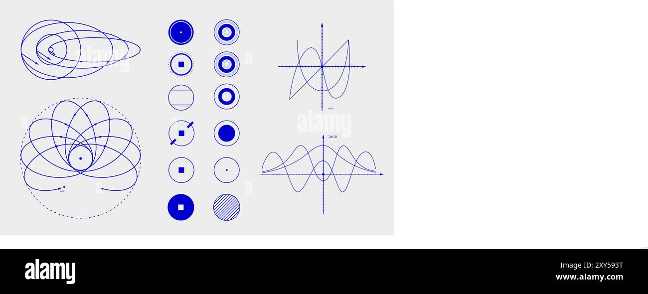 Collection de formes géométriques, cercles, carrés, lignes et courbes, arrangé dans un motif de grille, des fonctions mathématiques, des concepts physiques. Illustration de Vecteur