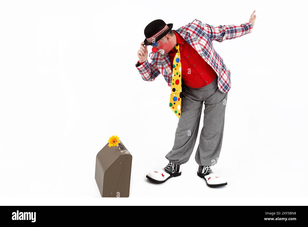 Clown s'incline devant son étui en accordéon Banque D'Images Clown s'incline devant son étui en accordéon Banque D'Images