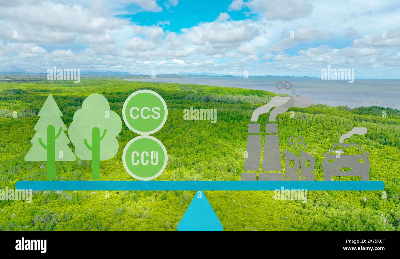 Concept de neutralité carbone. Équilibre entre les émissions de CO2 des usines et les transports, le carbone étant absorbé par les arbres et capturé par la technologie. Banque D'Images Concept de neutralité carbone. Équilibre entre les émissions de CO2 des usines et les transports, le carbone étant absorbé par les arbres et capturé par la technologie. Banque D'Images