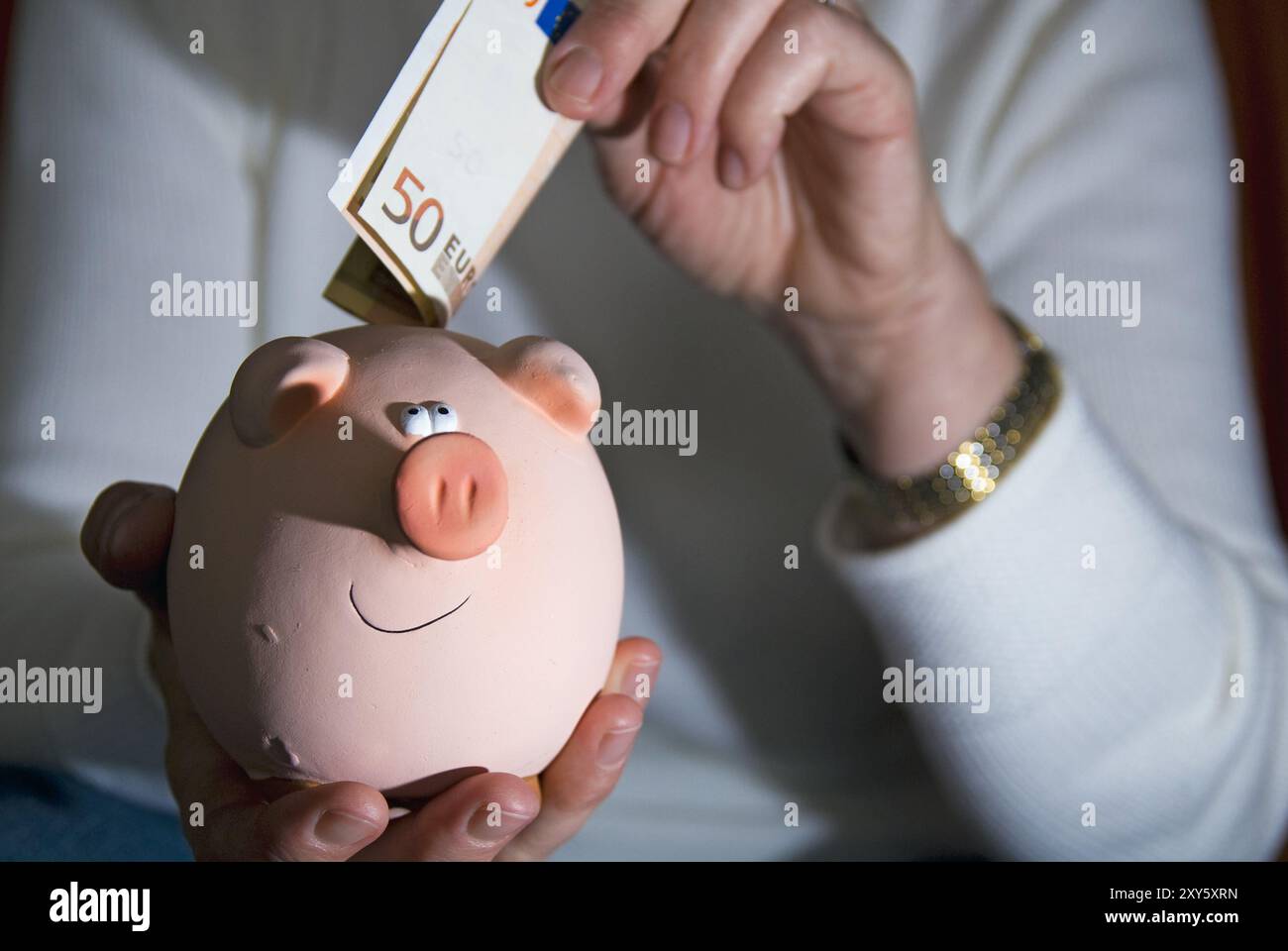 Tirelire est nourrie avec 50 euros Banque D'Images