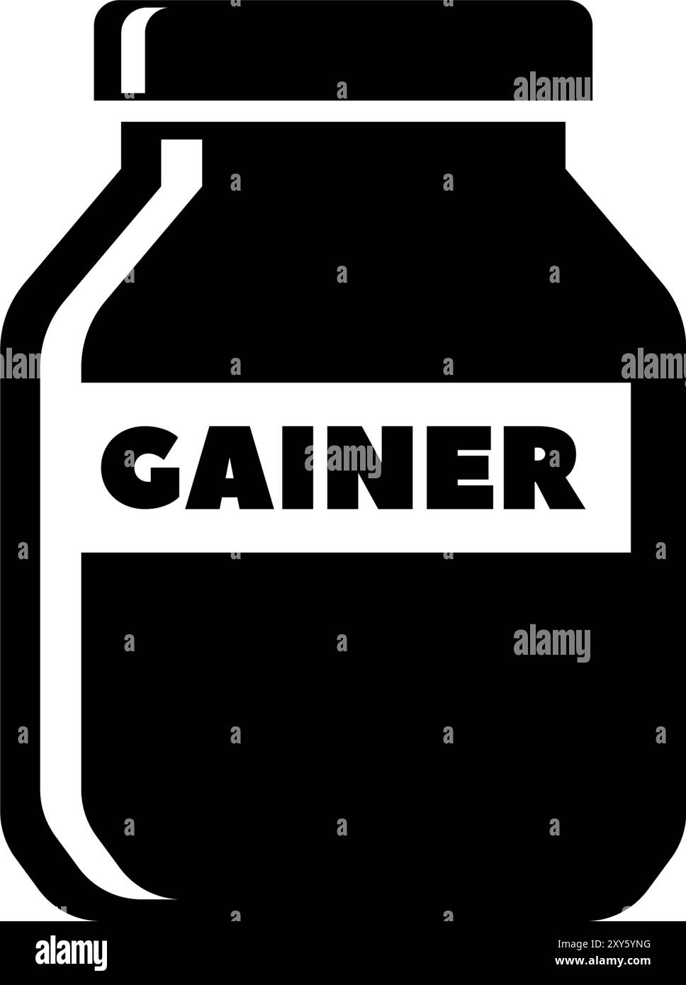 Icône vectorielle noire d'un pot de supplément étiqueté GAINER, parfait pour le fitness et la musculation. Illustration de Vecteur