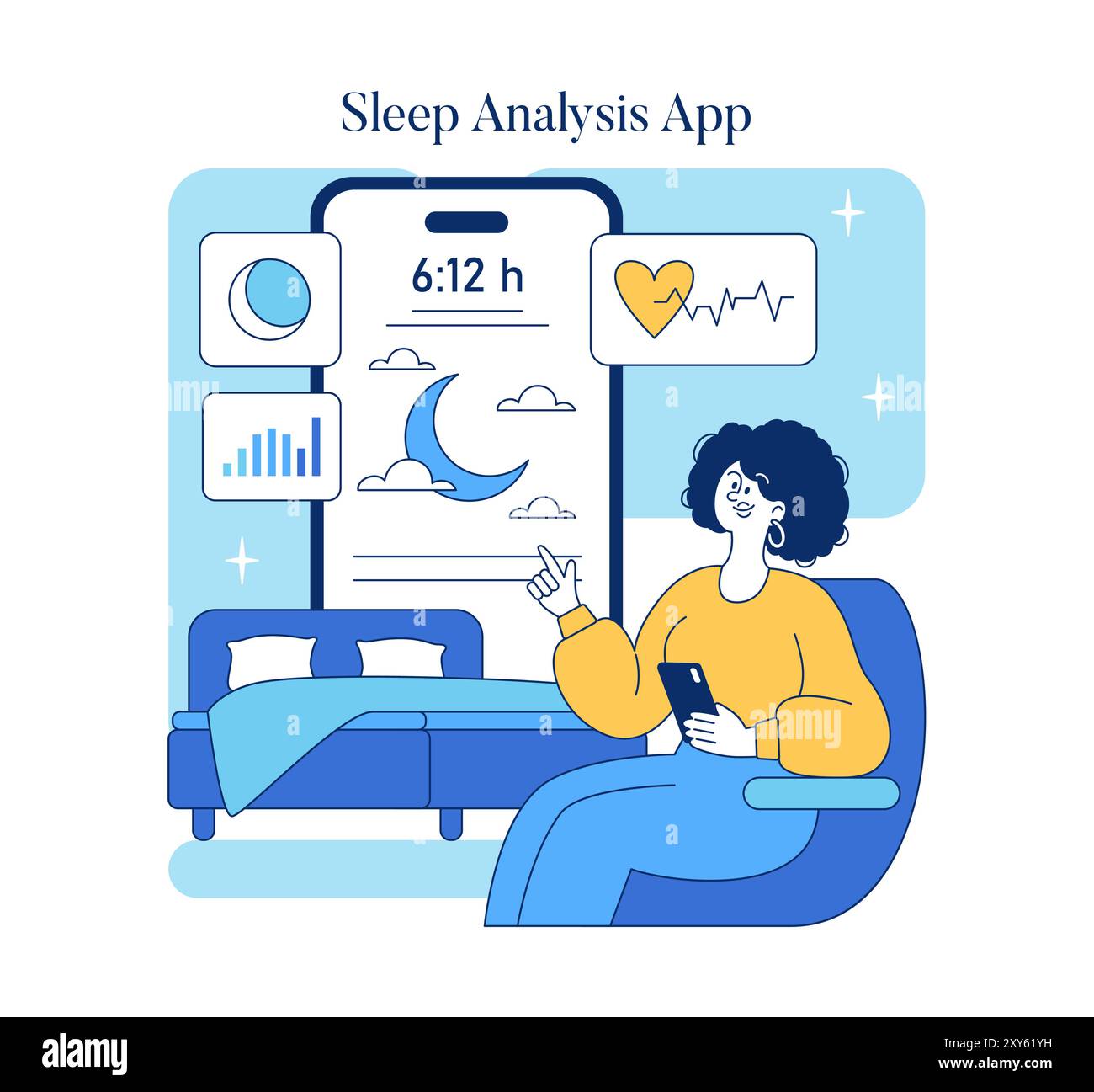 Concept de technologie de la santé. Une femme interagit avec une application d'analyse du sommeil sur son smartphone, surveillant les habitudes de sommeil pour un meilleur repos. Illustration vectorielle. Illustration de Vecteur