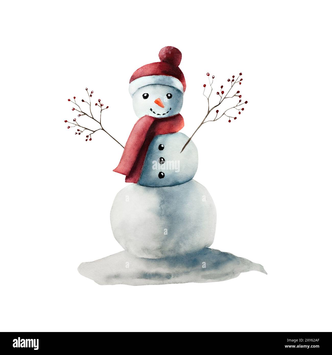 Bonhomme de neige souriant de Noël dans un chapeau rouge et une écharpe, carotte de nez, branches de mains avec des baies. Dessin animé aquarelle illustration peinte à la main isolé sur b Banque D'Images