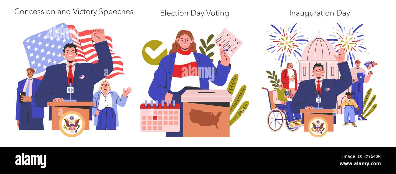 Ensemble de processus électoraux. Illustre les moments clés de la démocratie avec des discours, des votes et des inaugurations. Thèmes patriotiques et citoyens diversifiés engagés dans le processus électoral. Illustration vectorielle. Illustration de Vecteur
