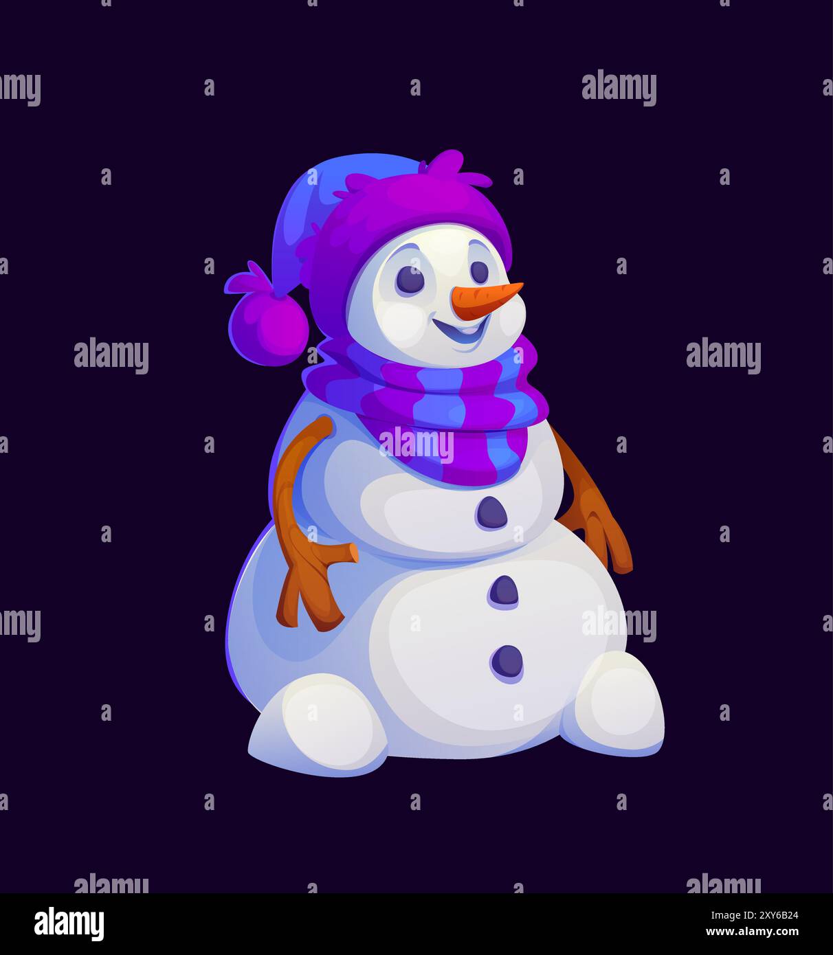 Personnage de bonhomme de neige de Noël de dessin animé habillé d'un chapeau violet vibrant et d'une écharpe avec un nez de carotte et des bras de brindilles. Le personnage de vacances d'hiver vecteur isolé respire la chaleur et l'esprit festif saisonnier Illustration de Vecteur