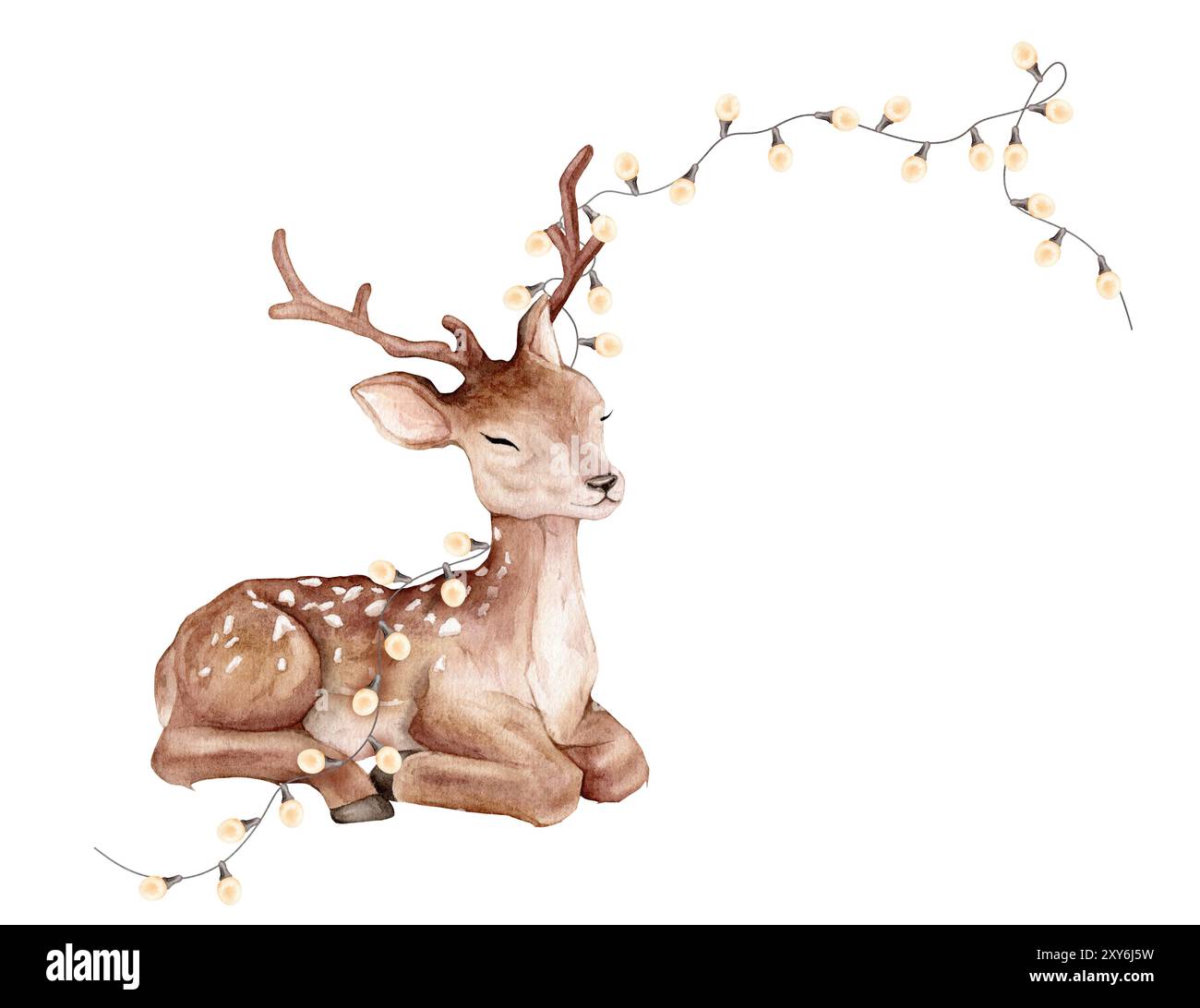 Aquarelle bébé cerf de Noël et guirlande de bulbes chauds. Cerf tacheté isolé sur fond blanc. Modèle d'animal sauvage peint à la main pour le tissu Banque D'Images