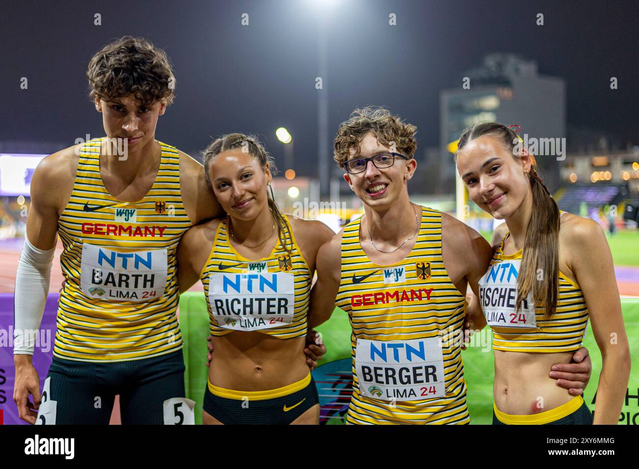 Cedric BARTH (SC Roennau 74), Lucien BERGER (Sportclub Magdeburg e.V.), Luna FISCHER (VfL Eintracht Hannover) et Pauline RICHTER (1. LAV Rostock), ALLEMAGNE, 4x400m Relais mixte PER, Leichtathletik, Athlétisme, Championnats du monde U20 d'athlétisme Lima 24, U20 Leichtathletik Weltmeisterschaften, 27.08.2024, Foto : Eibtathletik/Jan.08.08.Papenffos Banque D'Images