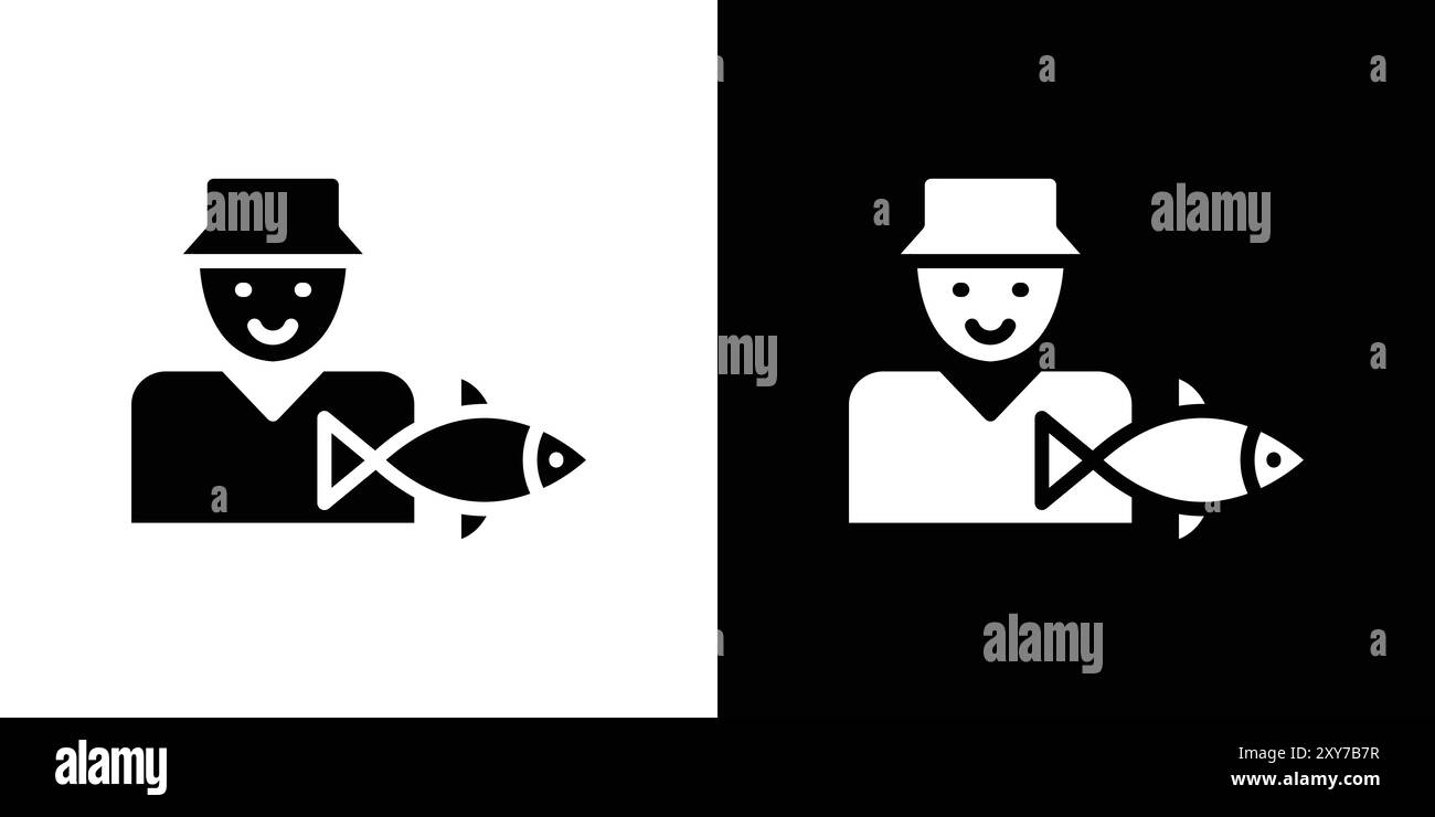 Pêcheur avec icône de poisson en noir et blanc. vecteur plat simple Illustration de Vecteur