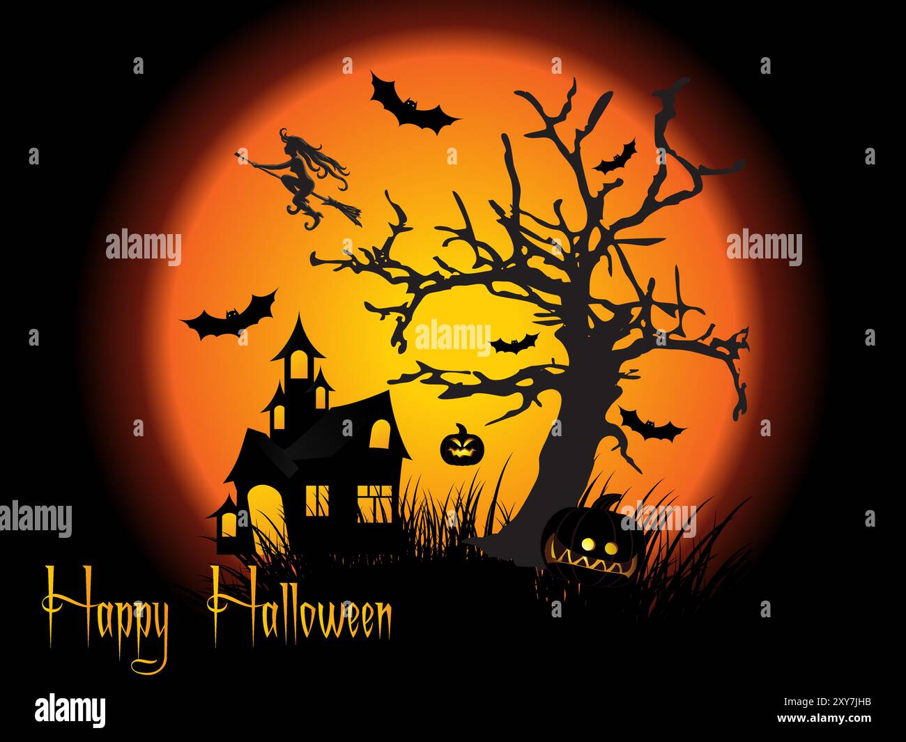 Une affiche sur le thème d'Halloween avec une sorcière volant au-dessus d'une maison et des chauves-souris. L'affiche dit et intitulé 'Happy Halloween' en une seule couleur écrit highlightin Illustration de Vecteur