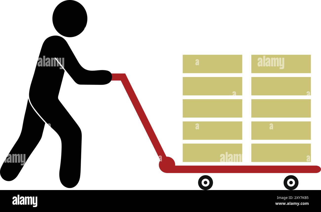 Homme avec expédition de roues de chariot, chargement et déchargement de boîtes sur camion, homme transportant des marchandises lourdes, chariot de livraison homme pour la livraison, chariot de chariot à main ico Illustration de Vecteur