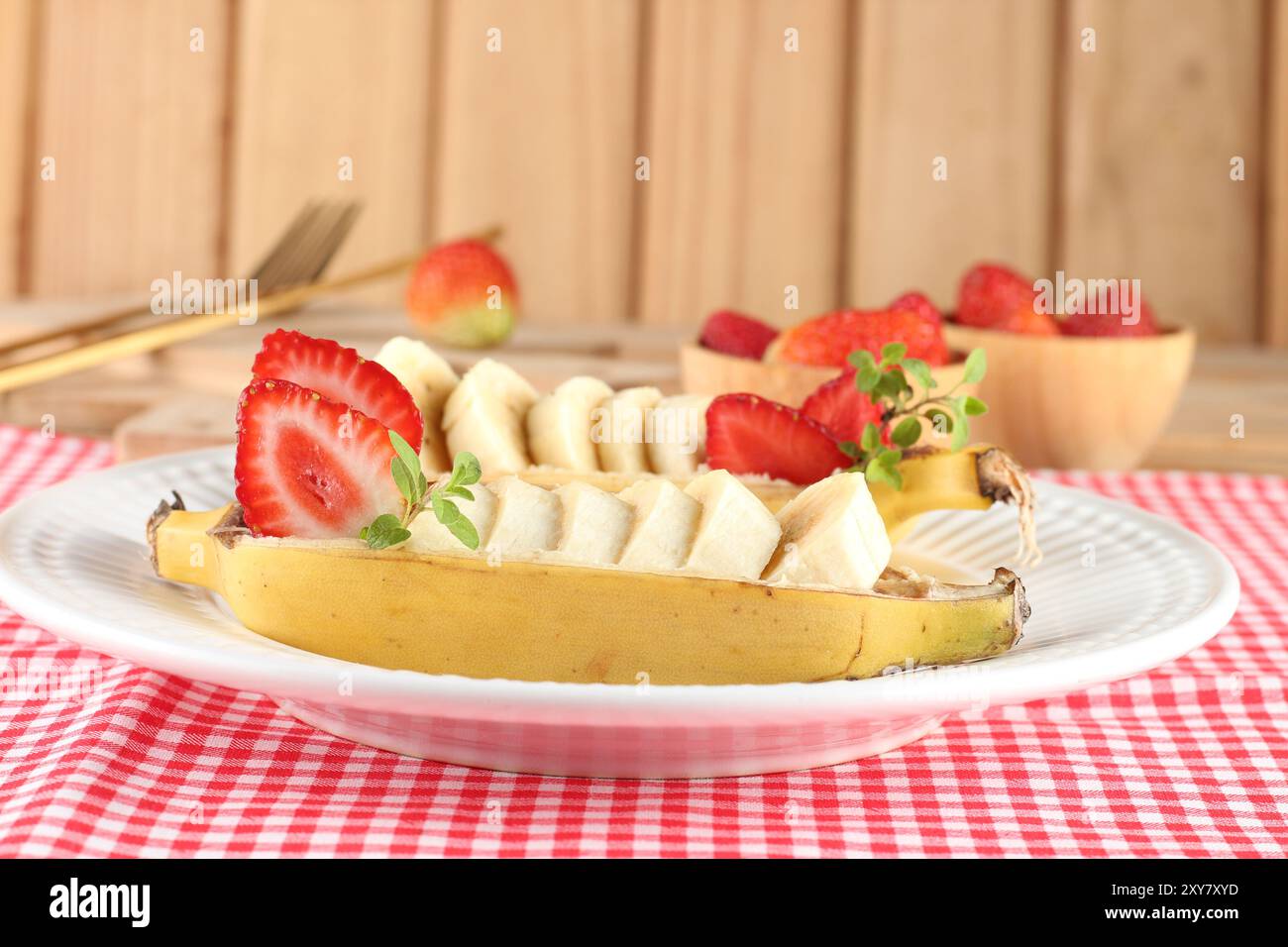 fruits, banane, fraise, frais, naturel, dessert Banque D'Images