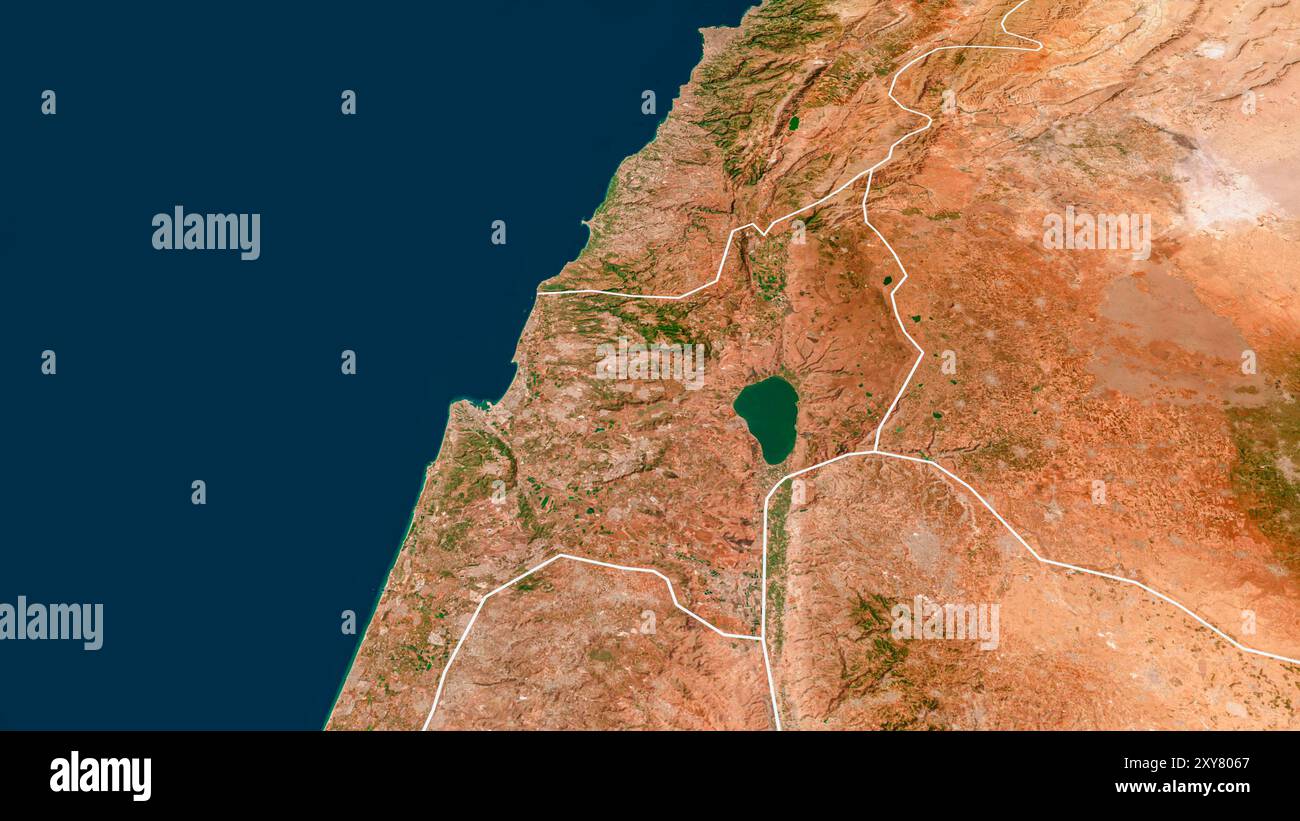 Vue satellite des frontières entre le Liban et Israël avec la Syrie, la Jordanie et la Cisjordanie. Les éléments de cette image sont fournis par la NASA. rendu 3d. Banque D'Images