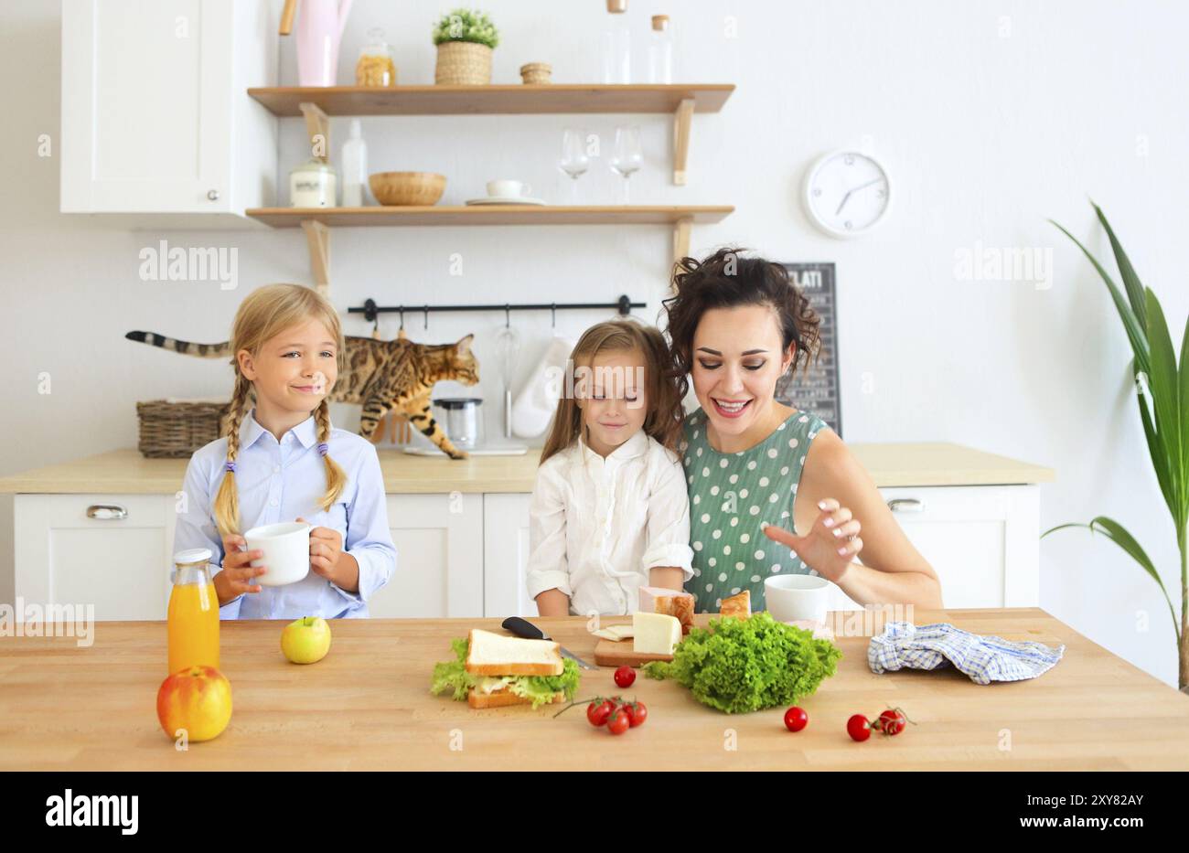 Happy young brunette mère avec mignon enfants le petit-déjeuner à l'accueil Banque D'Images