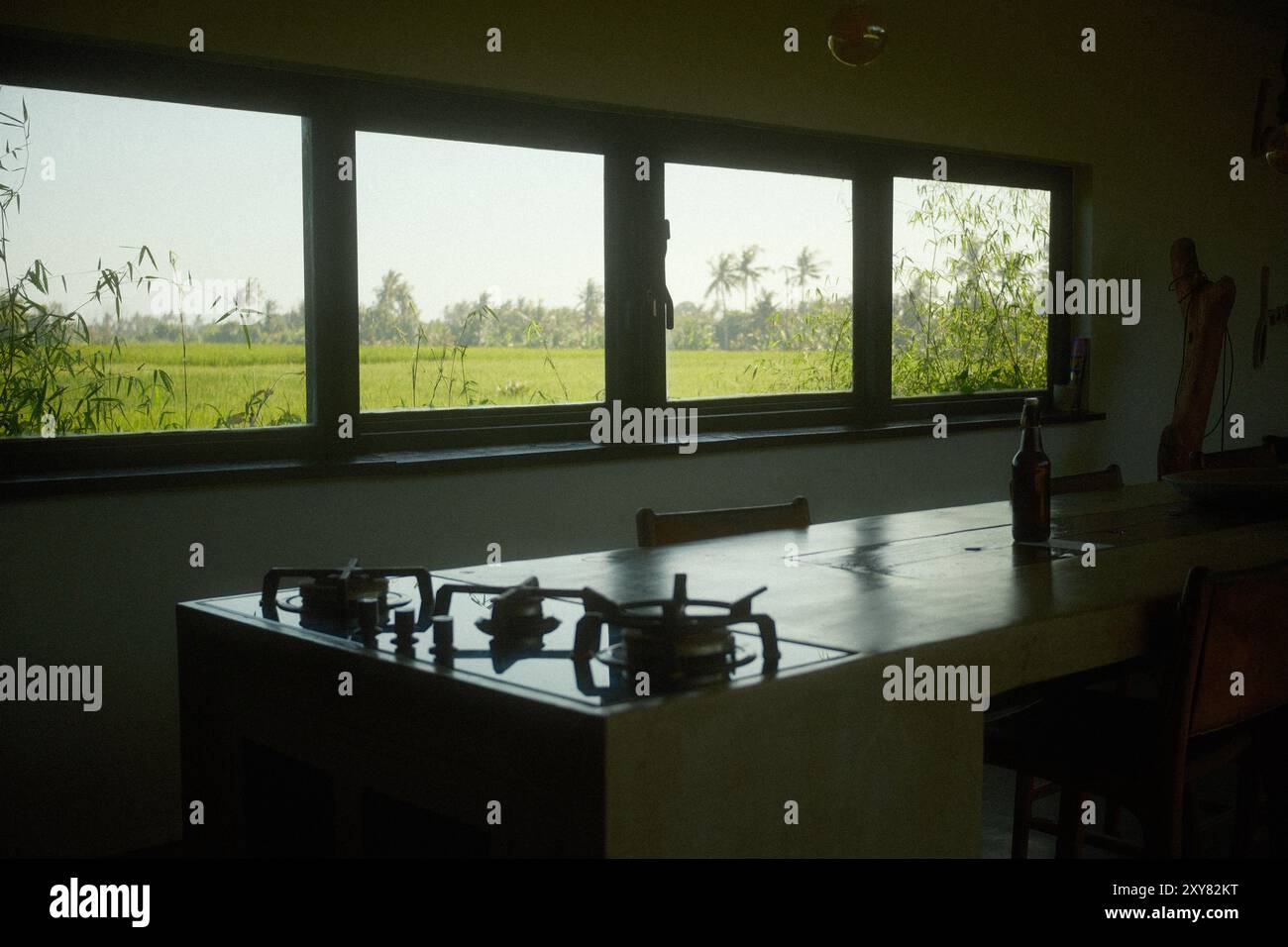 Îlot de cuisine en béton équipé de tabourets de bar, poêle encastré et vue sur les rizières depuis les fenêtres panoramiques Banque D'Images