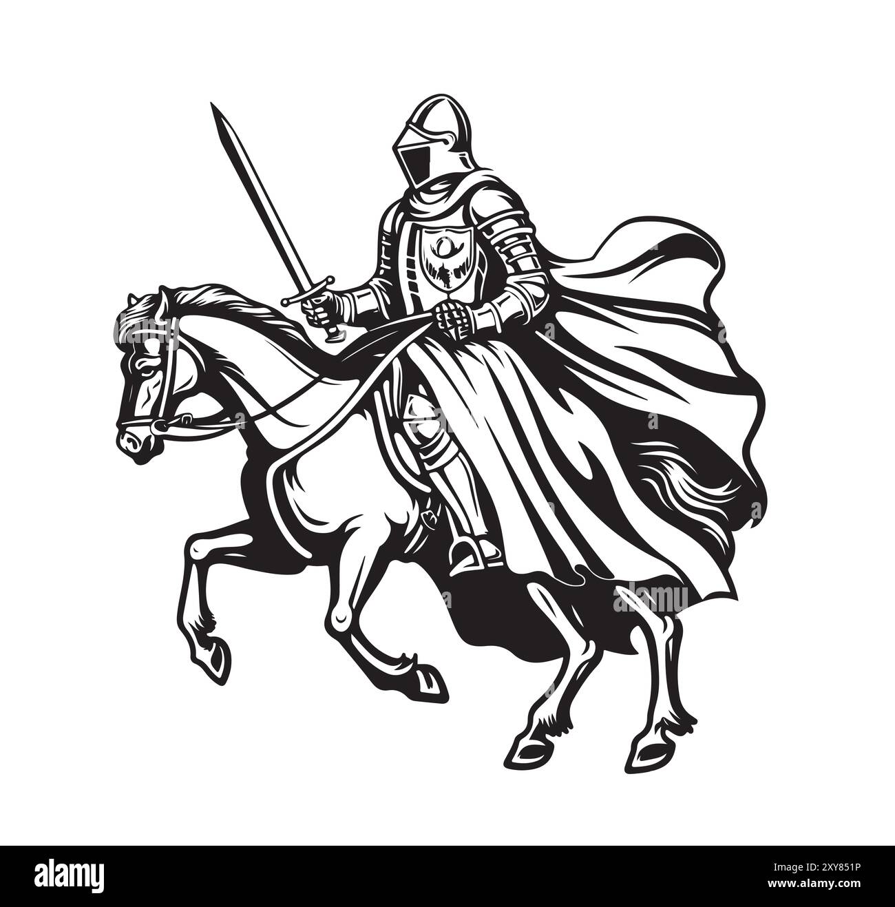 Chevalier médiéval armé à cheval. Ancien caractère militaire historique. Prince avec une épée et un bouclier. Ancien combattant. Croquis vectoriel vintage. E Illustration de Vecteur