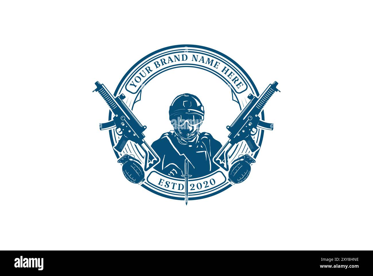 Elite Army Force Navy Soldier avec sous-mitrailleuse et grenade pour emblème militaire Label logo Design Vector Illustration de Vecteur