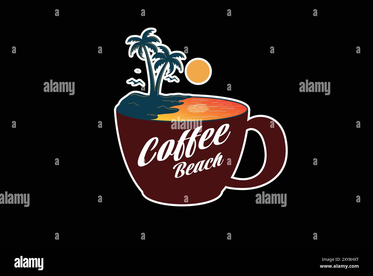 Sunset Sea Wave Beach avec tasse de tasse à café pour Café Restaurant logo Design Illustration de Vecteur