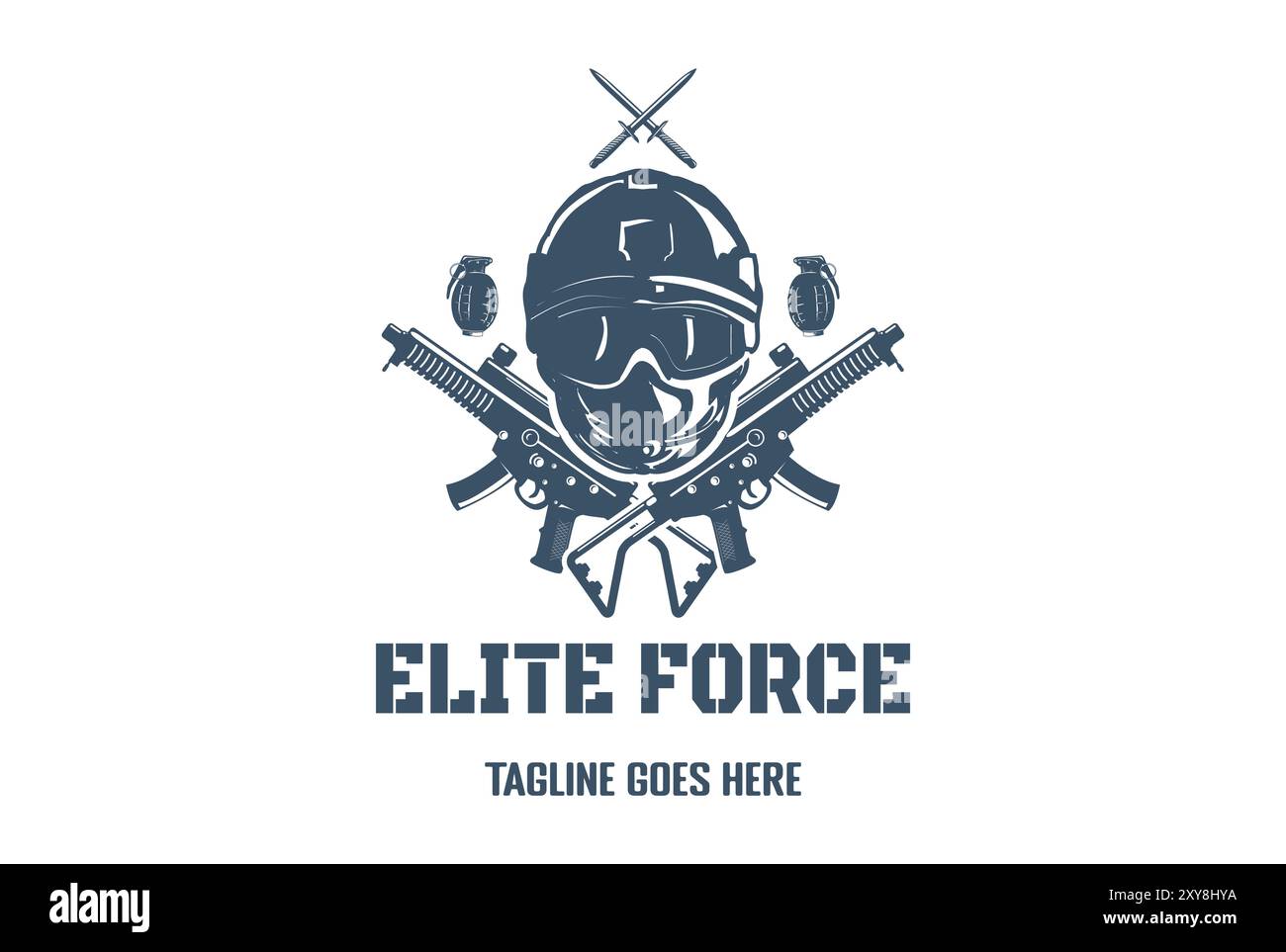 Elite Army Force Navy Soldier avec sous-mitrailleuse Grenade et poignard pour emblème militaire Label logo Design Vector Illustration de Vecteur