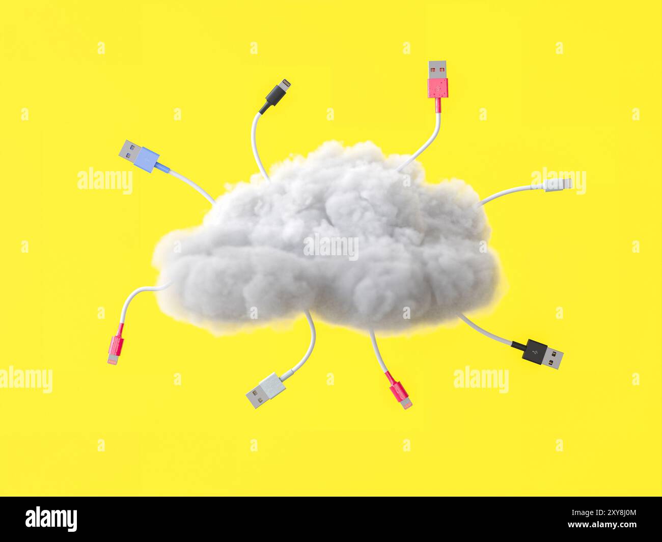 Plusieurs câbles usb connectant le cloud représentant le stockage de données informatiques 3D. Banque D'Images