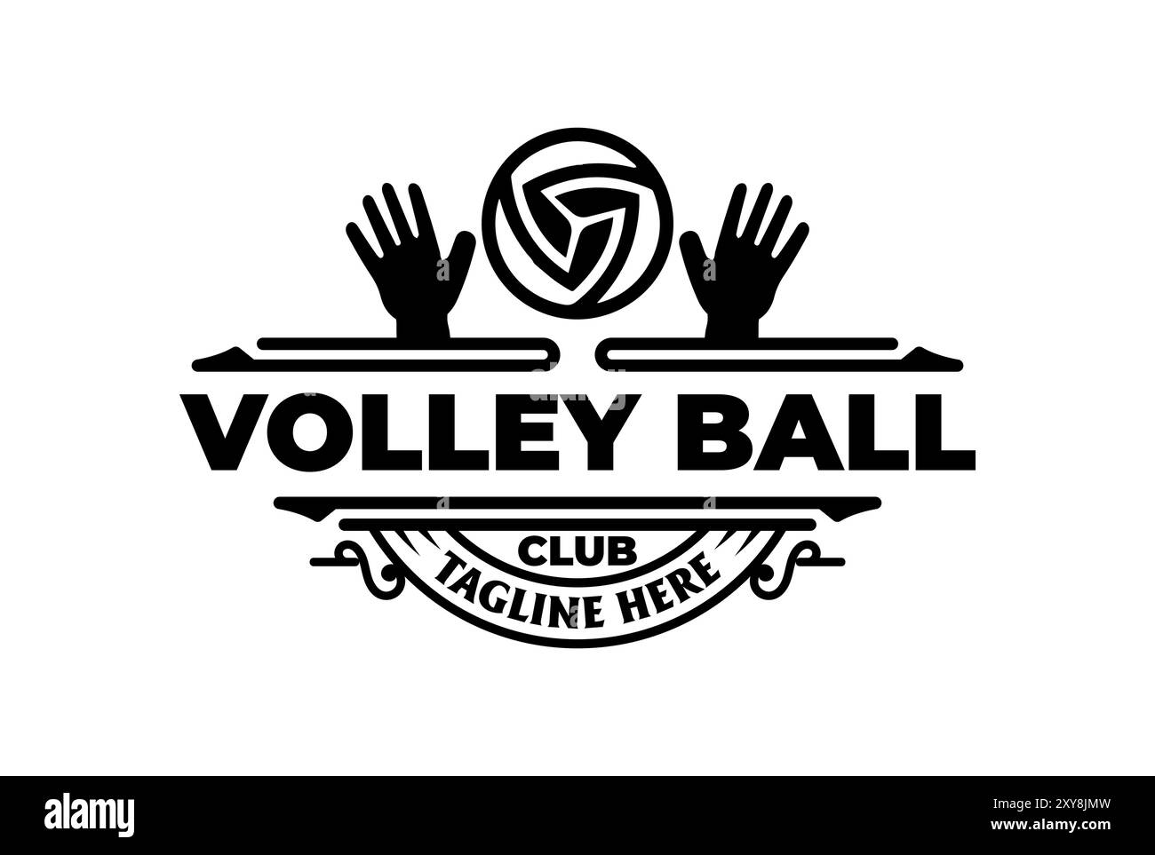 Vintage Retro volley Ball avec emblème de badge de main de bloc pour Sport Club Competition League logo Design Illustration de Vecteur