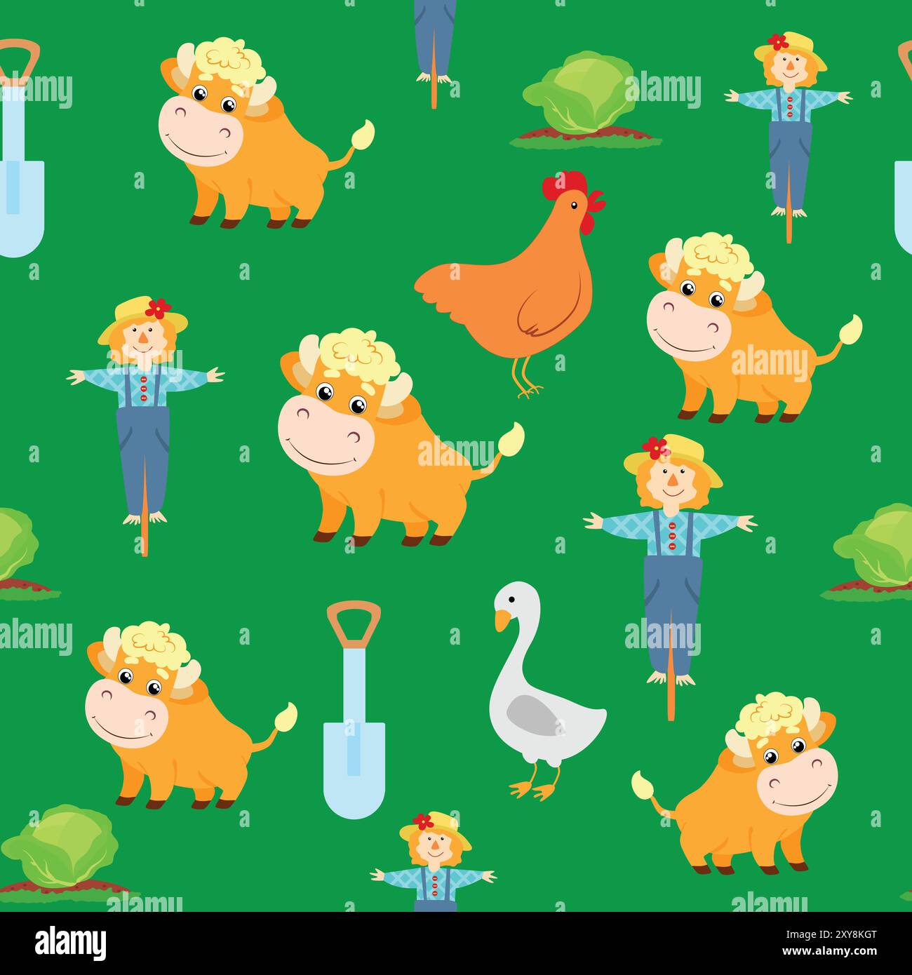 Taureau mignon à motif sans couture, épouvantail charmant, poulet, oie et chou style enfantin de dessin animé. Jardinage et jardinage sur une parcelle ou une ferme à la maison. Pat Illustration de Vecteur