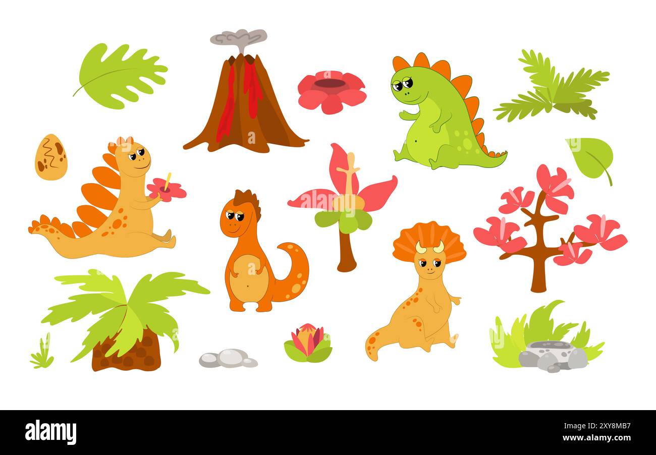 Ensemble de dinosaures et plantes préhistoriques et volcan, pierres, fleur de rafflesia, oeuf, nid, buissons dans le style des enfants de bande dessinée isolés sur blanc. Illustration de Vecteur