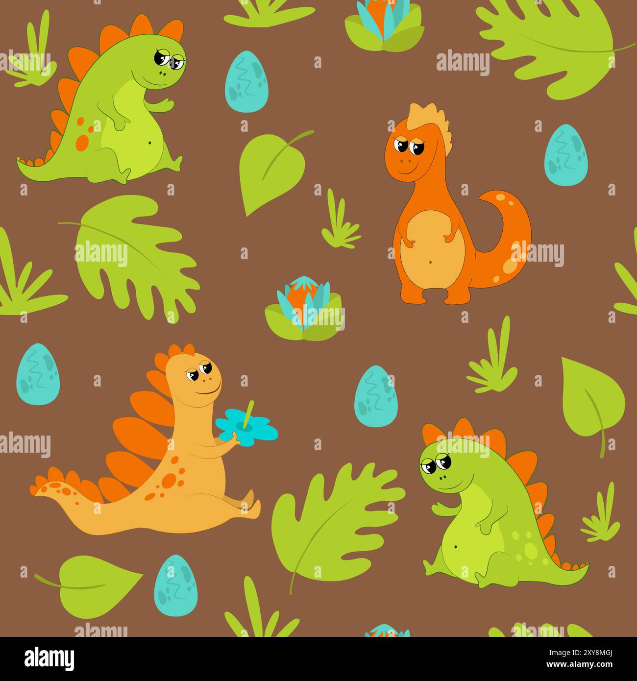 Adorables dinosaures verts et oranges sur un fond brun parmi les feuilles préhistoriques, les plantes et les œufs. Modèle sans couture dans le style enfantin de bande dessinée. Illustration de Vecteur