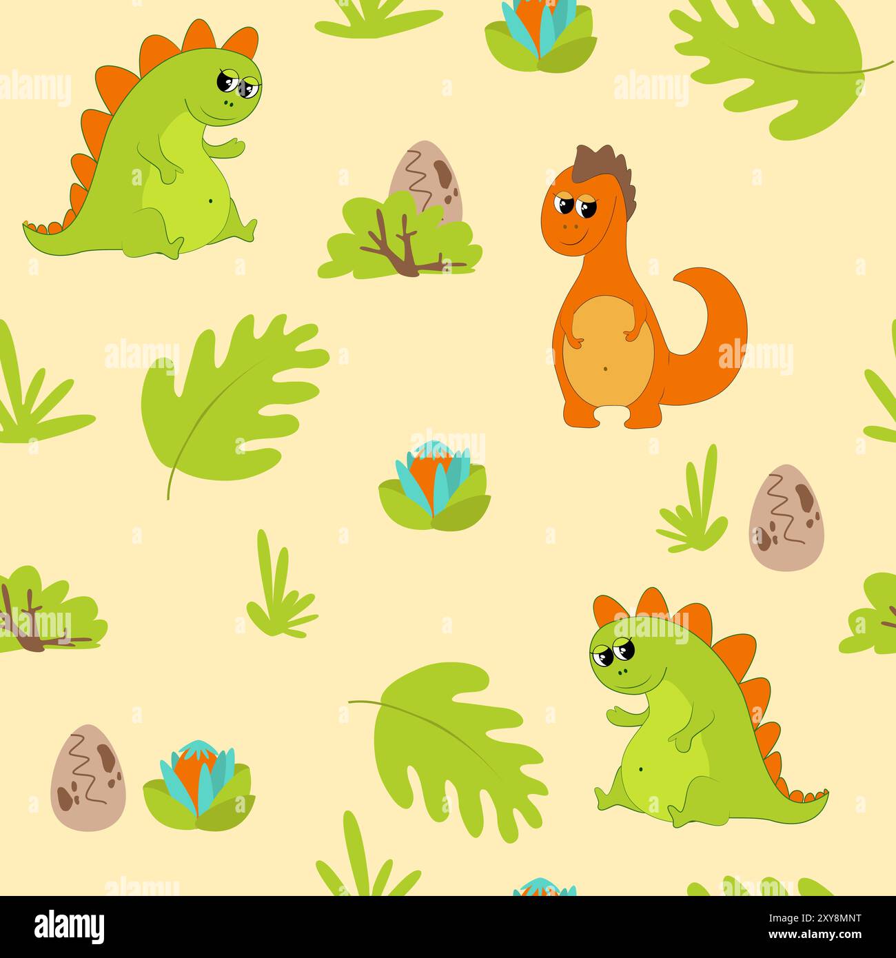 Dinosaures vert et orange souriant et joyeux sur un fond sablonneux avec un œuf, des fleurs, des plantes préhistoriques anciennes. Motif sans couture. Illustration de Vecteur