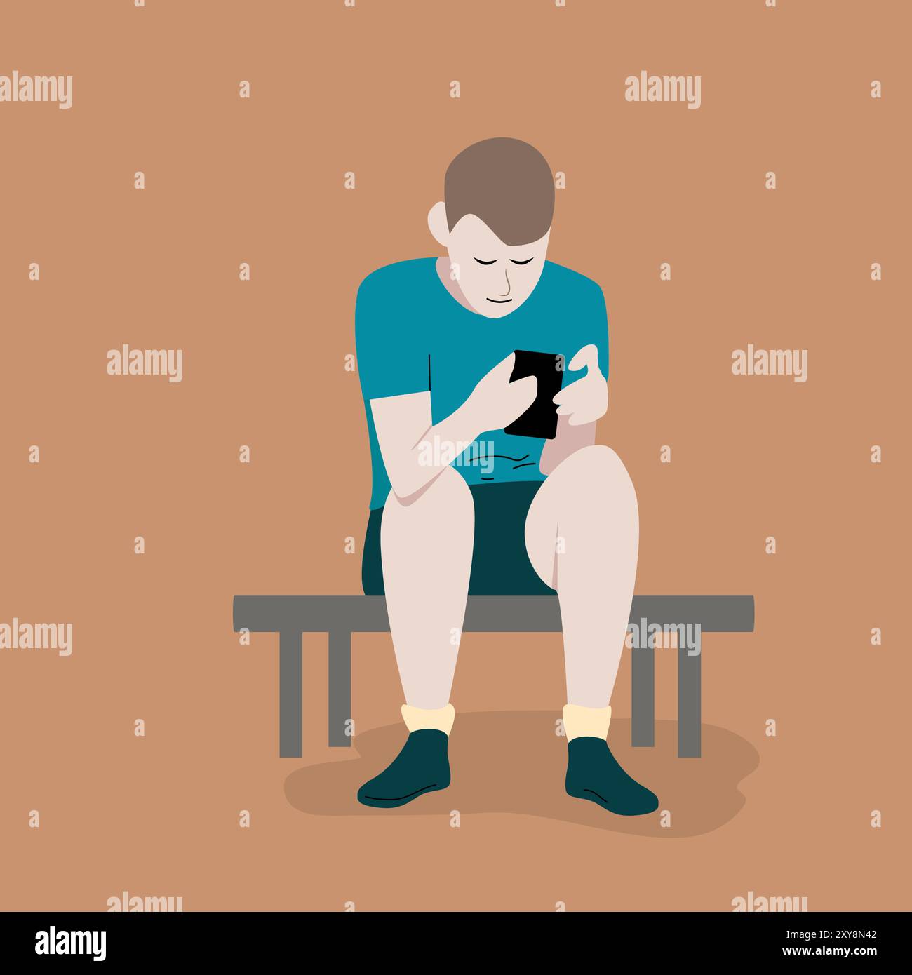 Un adolescent en short et une chemise bleue est assis et penché sur un gadget et tient un smartphone dans ses mains. Concept de la jeunesse moderne et du monde virtuel en CA Illustration de Vecteur