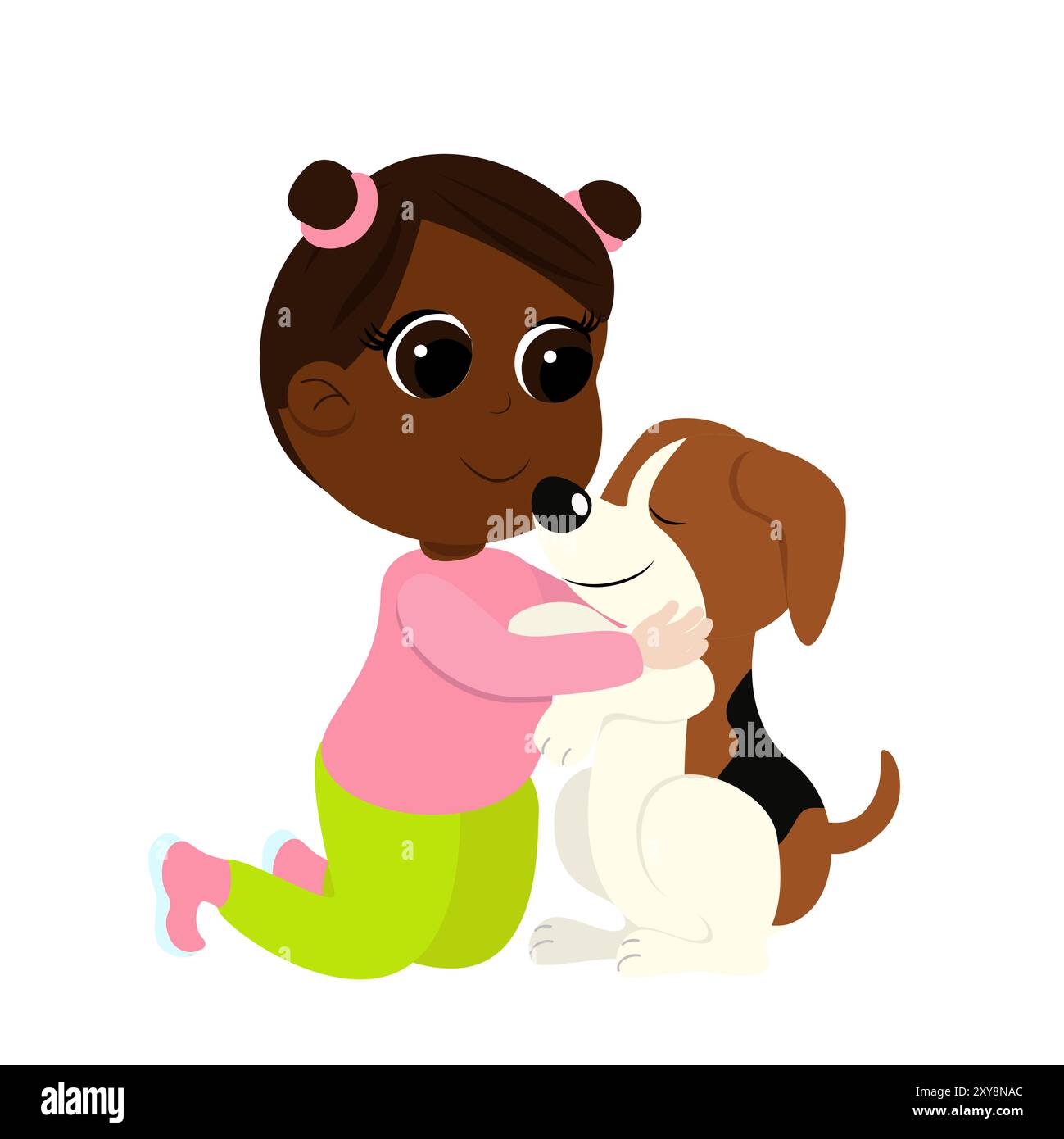 Petite fille charmante embrasse un chien beagle. L'enfant est assis sur ses genoux, souriant et heureux. La fille est habillée d'un pantalon et d'une blouse. Amitié b Illustration de Vecteur